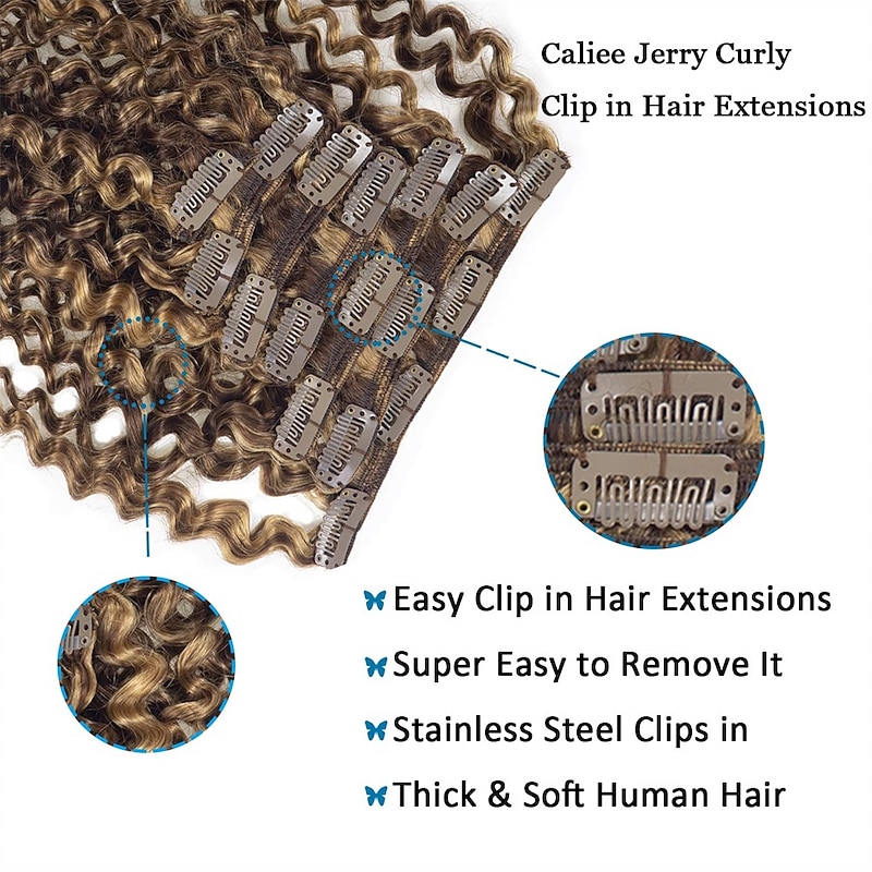 Two Tone Color 14Inch Jerry Curly Clip in Hair Extension Human Hair #4 Dark Brown Color with #27 Strawberry Blonde Color 3B 3C Curly Double Weft with 7pieces 120Grams Per Pack4