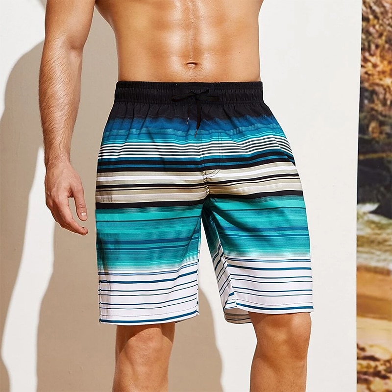 Men's Board Shorts Swim Shorts Swim Trunks Drawstring with Mesh lining Elastic Waist Gradient Stripe Quick Dry Short Casual Daily Holiday Hawaiian Boho Blue Orange Micro-elastic