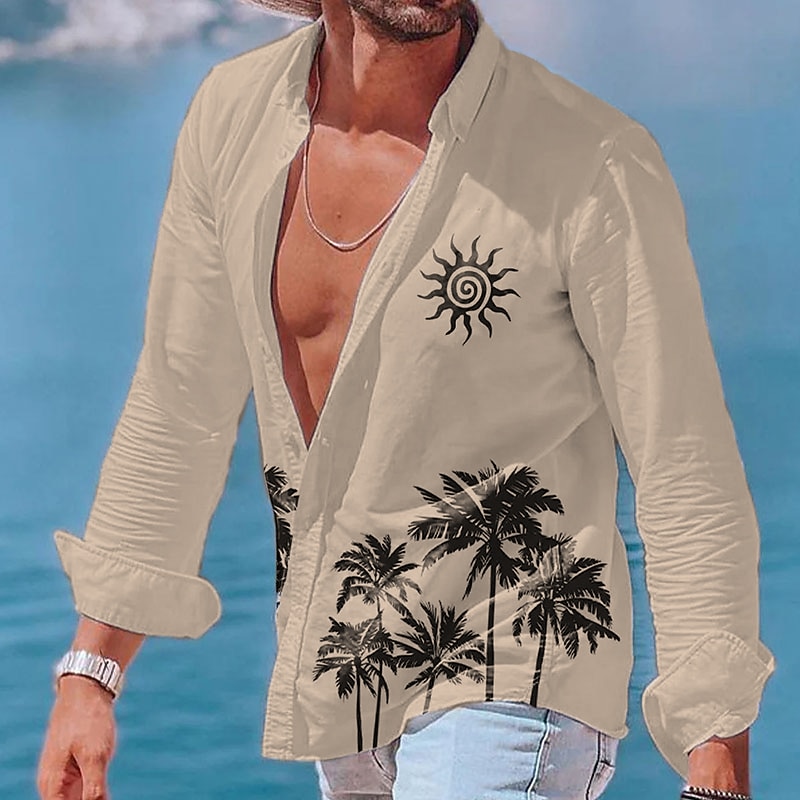 Men's Tree Sun Tropical Plants Summer Shirt Beach Shirt Summer Hawaiian Shirt Long Sleeve Shirt Lapel Fashion Classic Casual Vacation Hawaiian Holiday White Blue Khaki S M L4