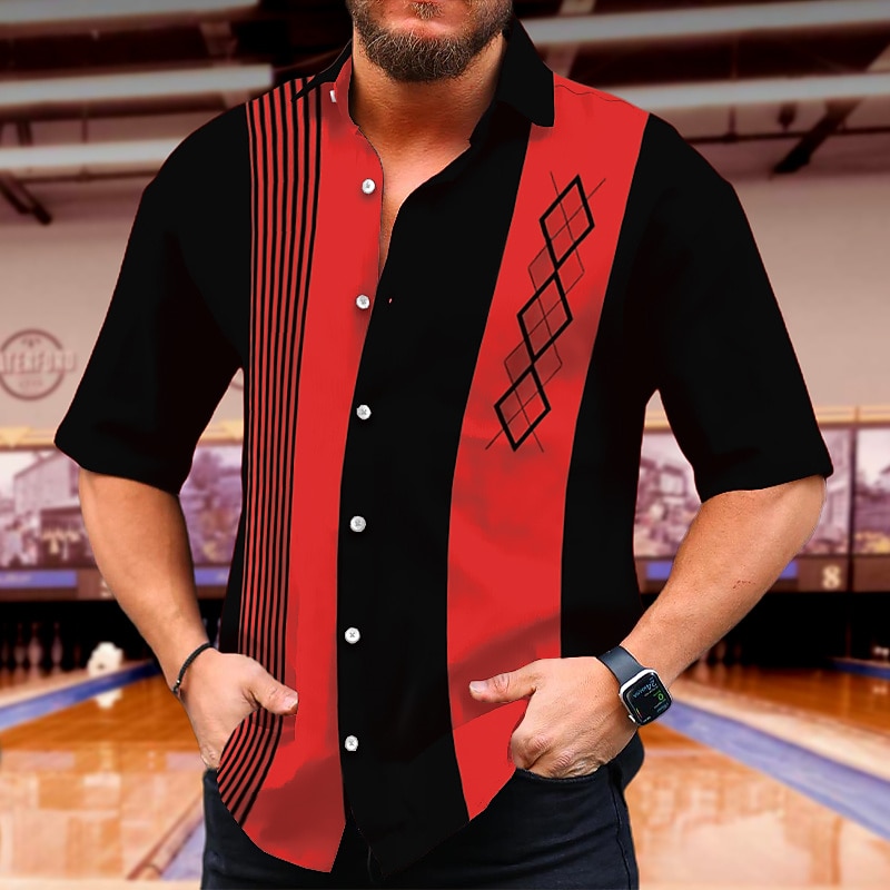 Men's Geometric Geometric Pattern Shirt Summer Shirt Bowling Shirt Short Sleeve Fashion 1950s Casual Vacation Daily Going out Summer Turndown Print Black Wine Red Blue2