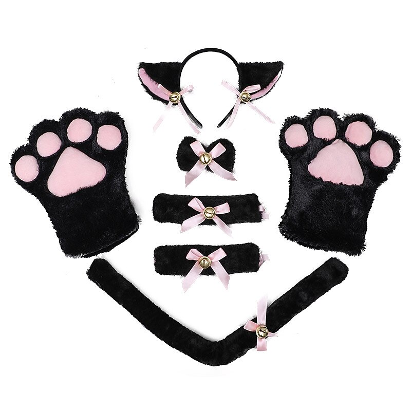Cat Cosplay Costume Accessories Kitten Ears Tail Collar Paws for Women Girl Halloween Dress Up