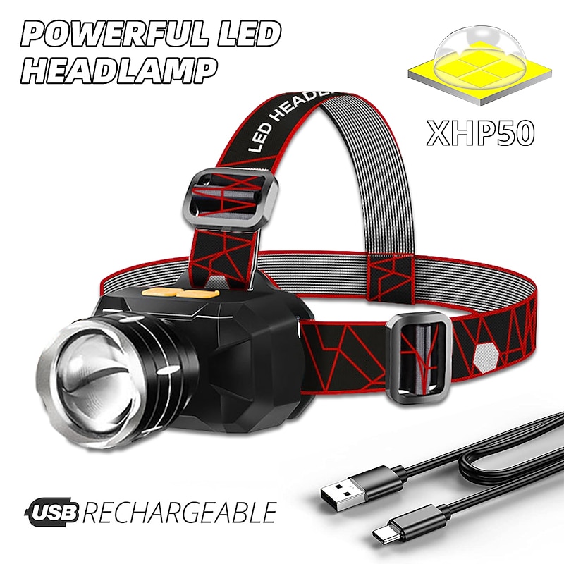 LED Headlamp Waterproof Outdoor Camping Fishing Lantern Torch USB Rechargeable XHP50 18650 LIB Headlight 3 Modes Zoom Head Flashlight