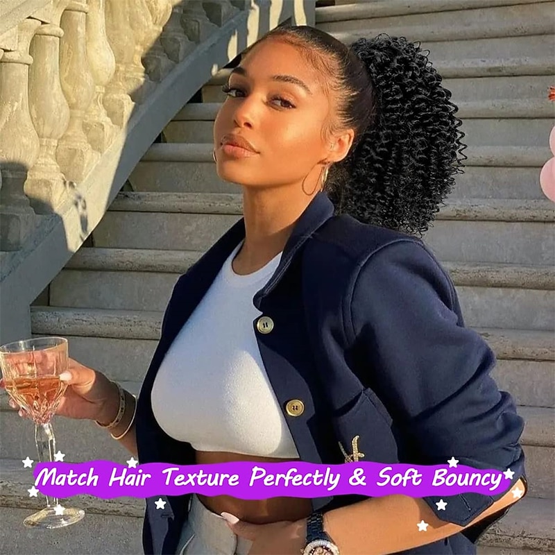 Short Kinky Curly Ponytail Extension for Black Women 10 Inch Natural Black Drawstring Curly Ponytail with Two Clips Synthetic Afro Drawstring Ponytail for Black Women2