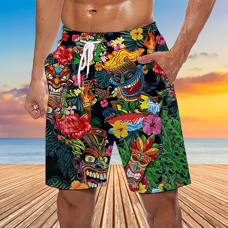 Men's Mask Flower / Plants Swim Trunks Swim Shorts Board Shorts Mid Waist Hawaiian Ethnic Boho Casual Daily Holiday Drawstring with Mesh lining Elastic Waist Designer Clothing Apparel