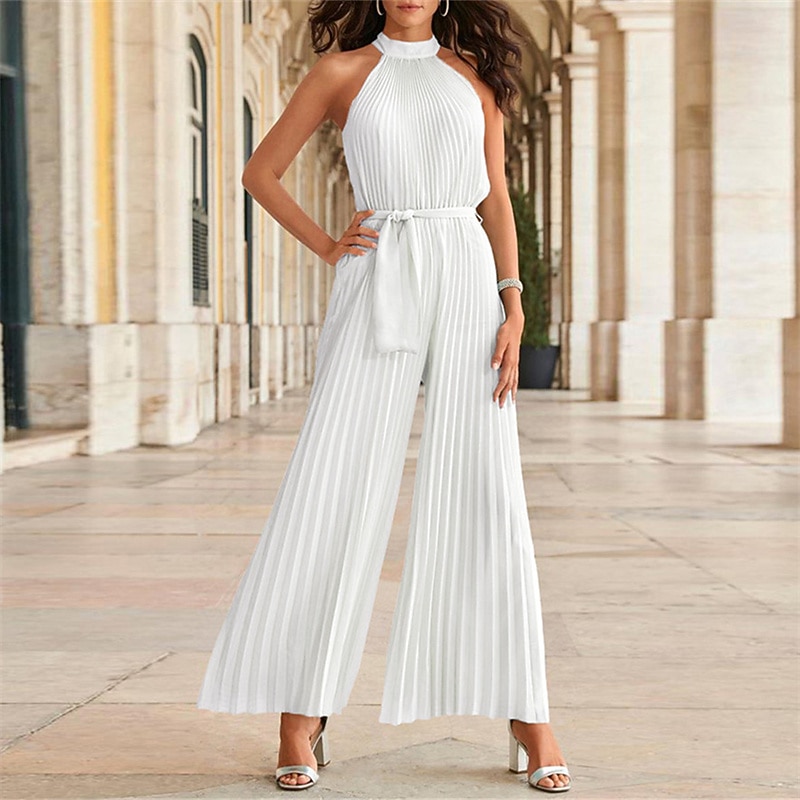 Beach Wedding Jumpsuits Elegant Dress Wedding Guest Holiday Ankle Length Sleeveless Halter Neck Chiffon with Pleats Strappy  dress to impress