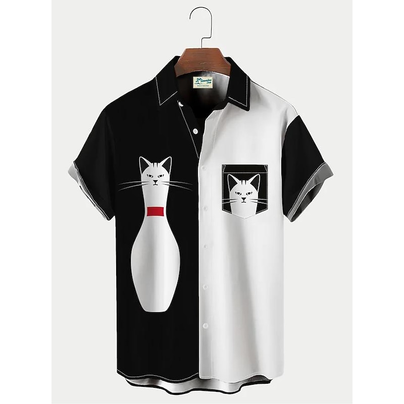 Men's Flame Bowling Ball Shirt Button Up Shirt Short Sleeve Tropical Fashion Hawaiian Outdoor Beach Summer Spring Turndown Print Button-Down Black Yellow Black / Red Red Dusty Blue 15