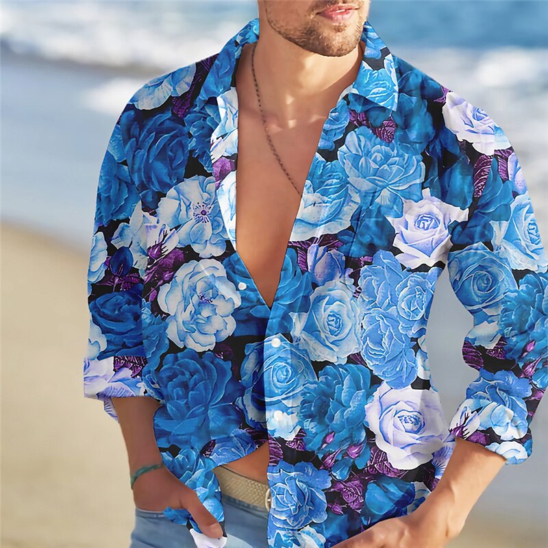 Men's Floral Tropical Flowers Rose Shirt Summer Hawaiian Shirt Aloha Shirt Long Sleeve Shirt Turndown Fashion Streetwear Designer Outdoor Street Casual Yellow Red Blue S M L4