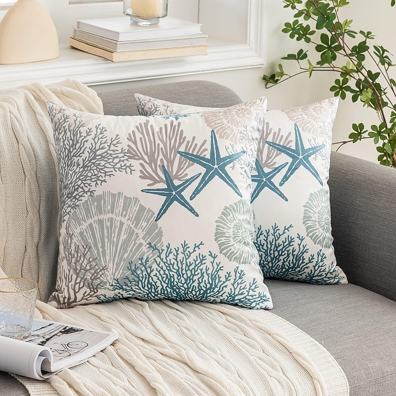 Nautical Coastal Floral Double Side Pillow Cover 2PC Soft Decorative Square Cushion Case Pillowcase for Bedroom Livingroom Sofa Couch Chair2