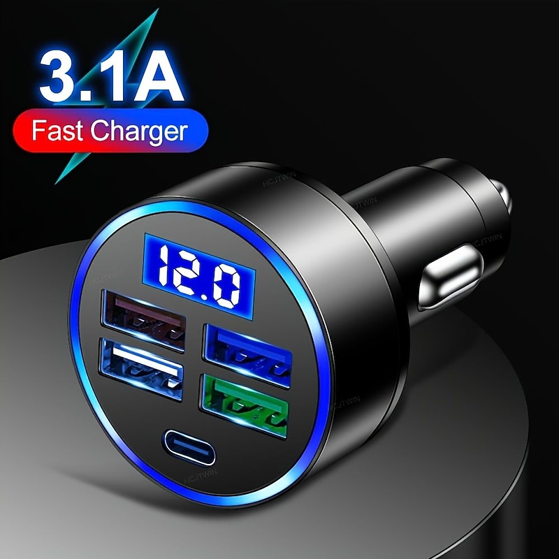 4USB With Type-c Car LED Digital Display Car Charger Volt Meter Car Battery Monitor With LED Voltage &amp; Amps Display2