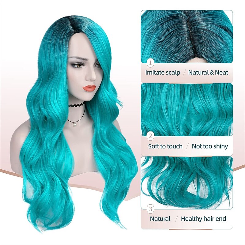 Love Ombre Bluish Green Wigs Long Curly Wavy Teal Blue Side Part Wig 2 Tones Dark Roots Synthetic Daily Party Cosplay Wigs for Women Halloween Wigs4