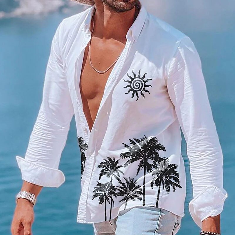 Men's Tree Sun Tropical Plants Summer Shirt Beach Shirt Summer Hawaiian Shirt Long Sleeve Shirt Lapel Fashion Classic Casual Vacation Hawaiian Holiday White Blue Khaki S M L