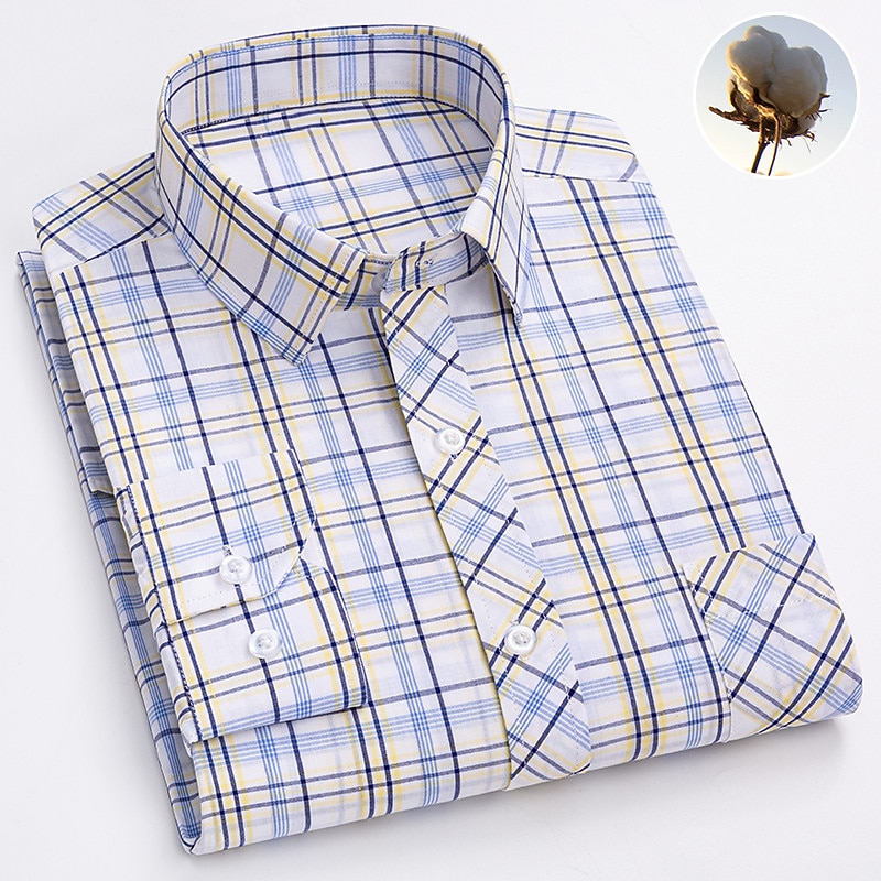 Men's Dress Shirt Plaid Wedding Office / Career Light Yellow Light Blue Black Wine Long Sleeve Turndown Spring &  Fall Clothing Apparel Front Pocket4