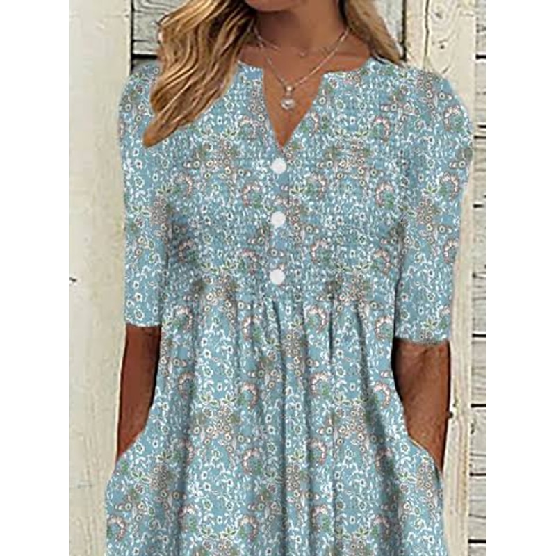 Women's Midi Dress Floral Graphic Ruched Button V Neck Daily Vacation Short Sleeve Summer Spring2
