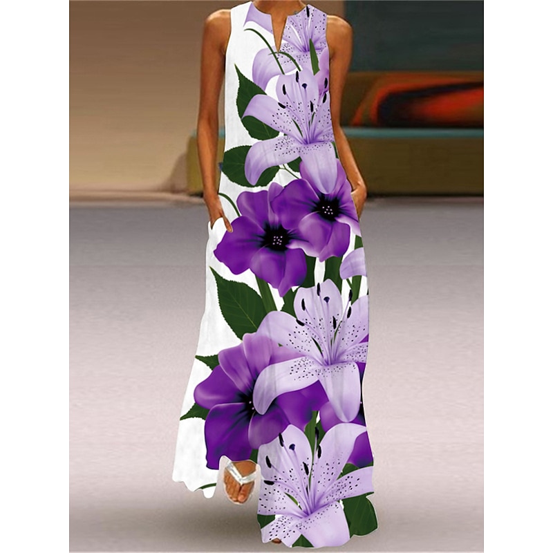 Women's Maxi long Dress Midi Dress Casual Dress T Shirt Dress Tee Dress Print Dress Streetwear Casual Outdoor Vacation Going out Regular Fit Floral Peacock Fish Sleeveless V Neck Yellow Royal Blue4