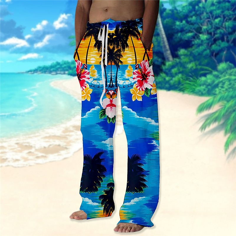 Men's Trousers Summer Pants Beach Pants Drawstring Elastic Waist Straight Leg Animal Flamingo Graphic Prints Comfort Casual Daily Holiday Streetwear Hawaiian Pink Blue3
