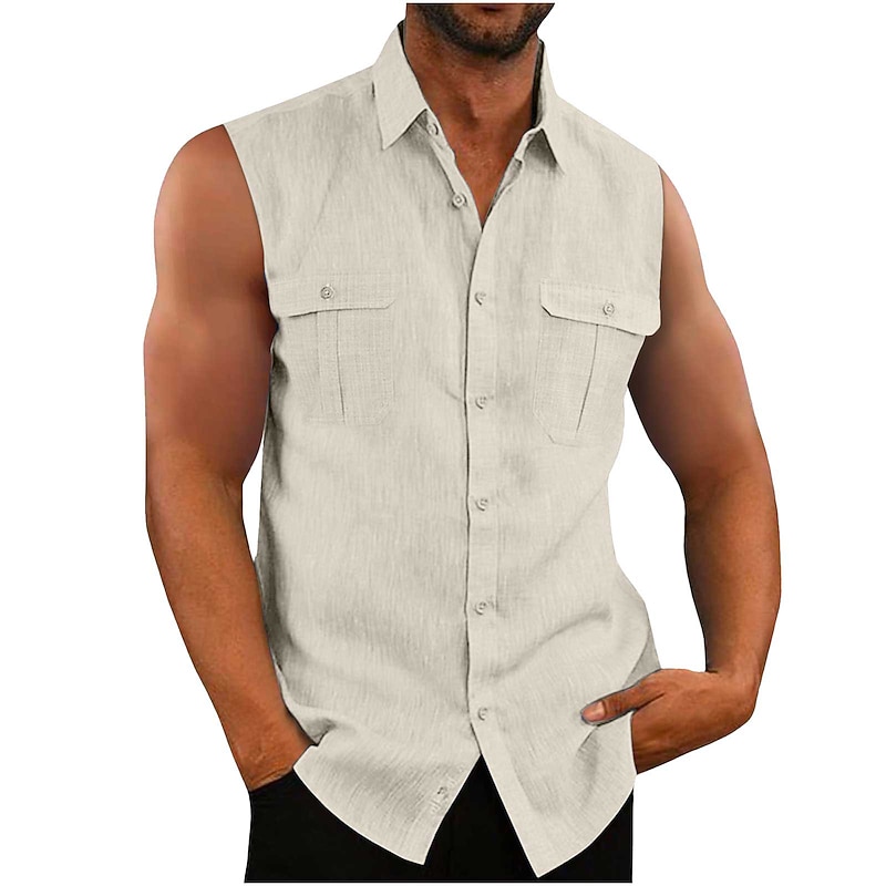 Men's Cotton Linen Shirt Summer Shirt Casual Shirt Beach Shirt Solid / Plain Color Hawaiian Black Blue Purple Green Sleeveless Shirt Collar Summer Clothing Apparel2
