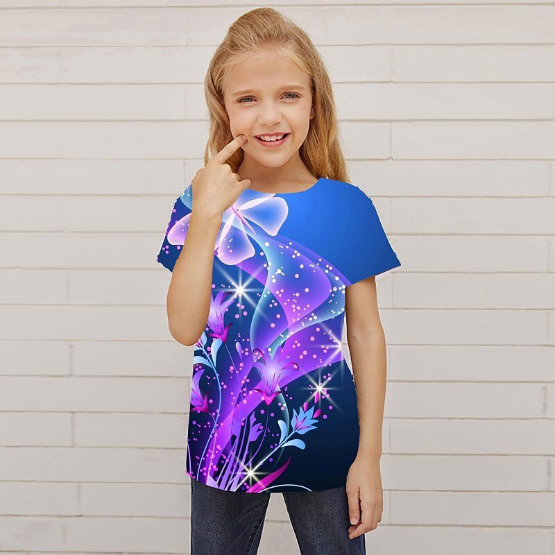 Girls' 3D Animal Galaxy Wolf T shirt Short Sleeve 3D Print Summer Spring Active Fashion Cute Polyester Kids 3-12 Years Outdoor Daily Regular Fit3