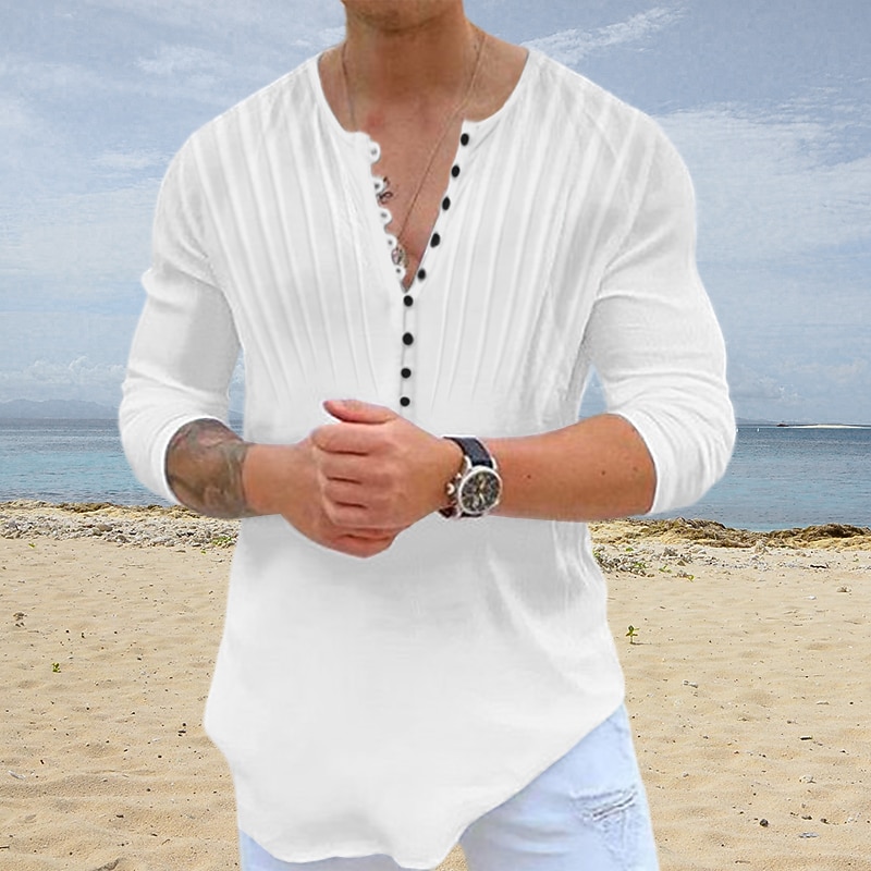 Men's Shirt Popover Shirt Summer Shirt Beach Wear Casual Shirt Band Collar Shirt Black White Blue Long Sleeve Plain Crew Neck Vacation Street Clothing Apparel Cotton Cotton Blend Fashion Casual