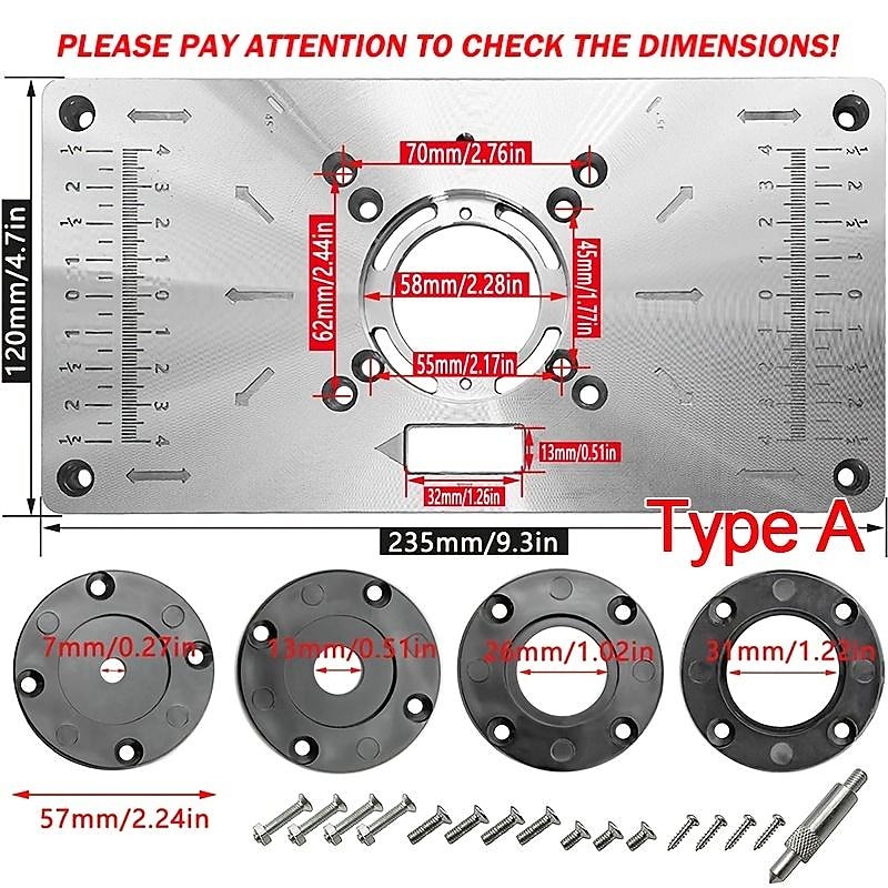 1pc Multifunctional Aluminium Router Table Insert Plate For Woodworking Benches, Router Plate, Wood Tools With Rings2