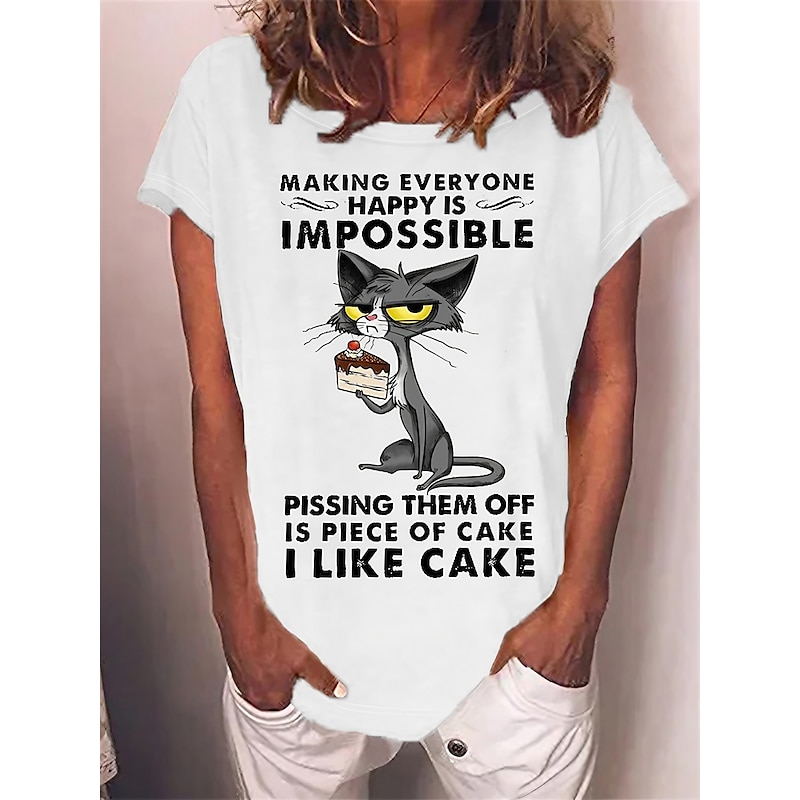 Women's T Shirt Cat Letter Text Basic Short Sleeve Round Neck Regular Tops Daily Weekend Print White Red Blue Green Gray Spring, Fall, Winter, Summer