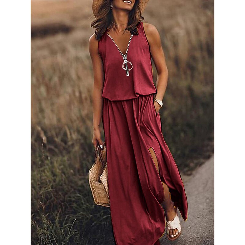 Women's Casual Dress Pure Color Zipper Pocket V Neck Maxi long Dress Basic Casual Daily Sleeveless Summer Spring3