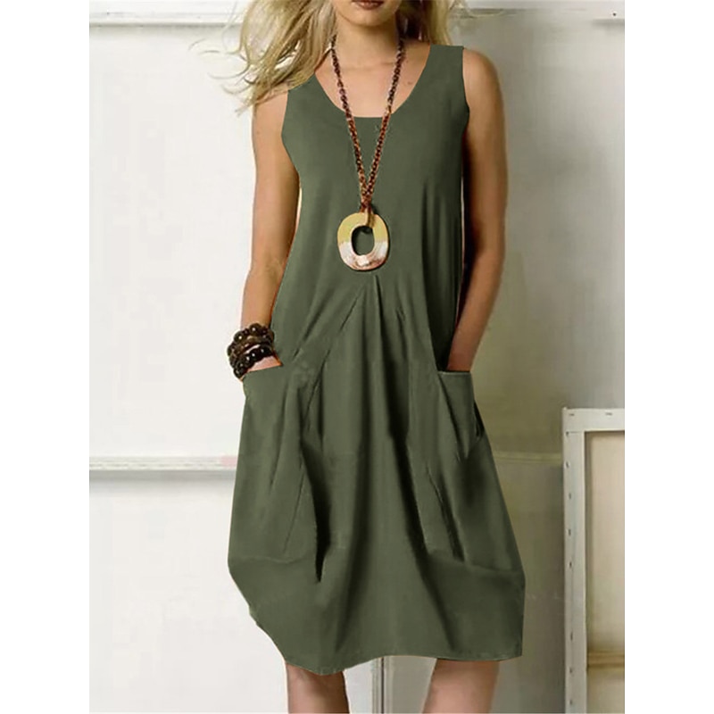 Women's ArmyGreen Navy Blue Orange Summer Spring Midi Dress Cotton Linen Dresses Casual Dress Cotton Summer Dress Basic Classic Casual Outdoor Daily Regular Fit Pure Color U Neck4