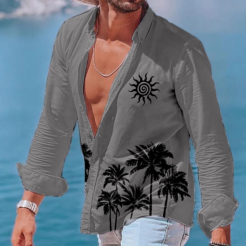 Men's Tree Sun Tropical Plants Summer Shirt Beach Shirt Summer Hawaiian Shirt Long Sleeve Shirt Lapel Fashion Classic Casual Vacation Hawaiian Holiday White Blue Khaki S M L2