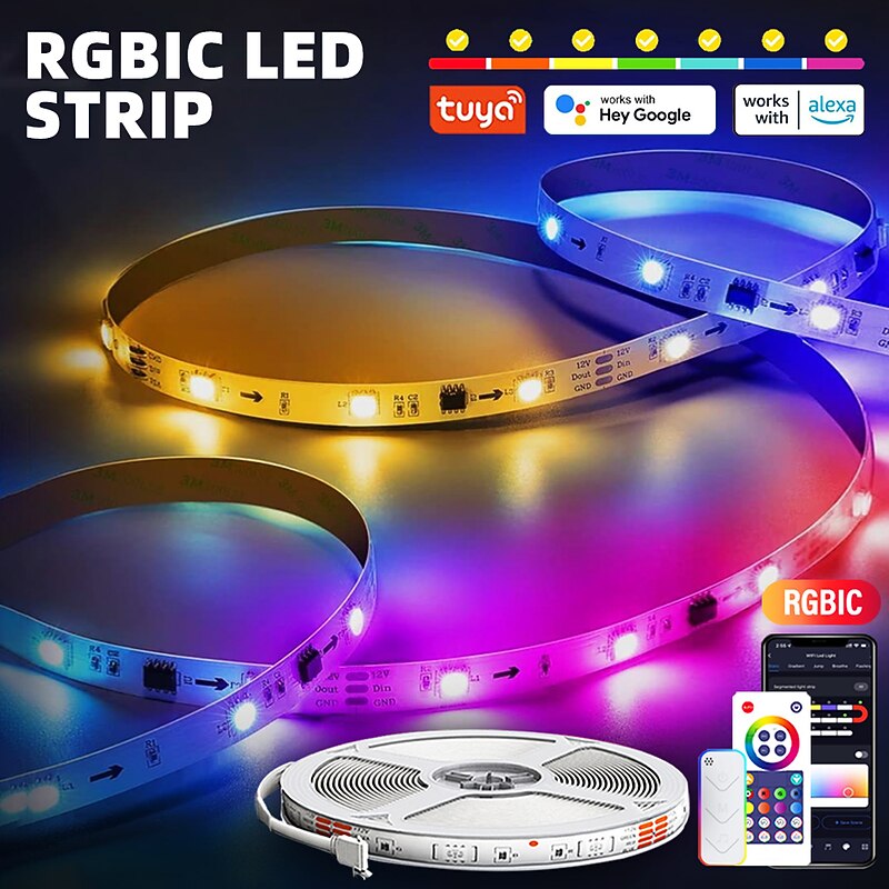 RGBIC LED Strip Compatible with Alexa Google Home Color Changing LED Light Music Sync TUYA WiFi for Bedroom Ceiling Playroom Shustar