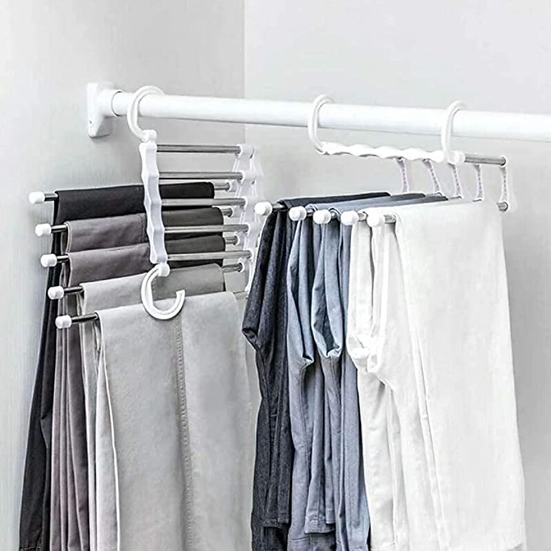 Foldable Hangers for Clothes Hanging Multi-Layer Multi Purpose Pant Hangers for Wardrobe Magic Foldable Hanger Space Saving 5 in 1 Rack Stainless Steel Cloth Hanger for Trousers, Jeans3