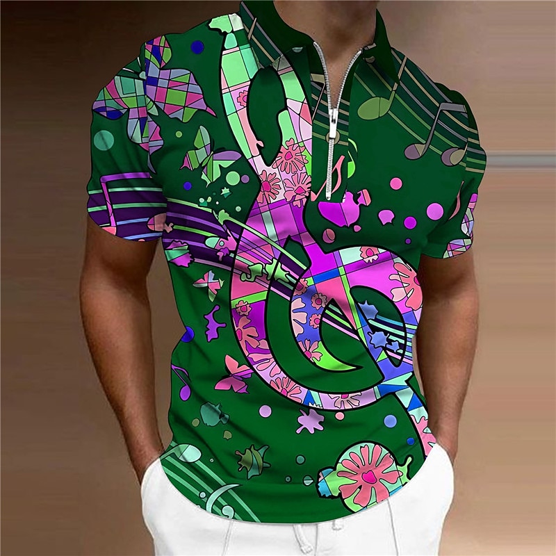 Music Festival Men's Music Zip Polo Shirts Golf Shirt Short Sleeve Polo Shirts Collared Shirts Casual Vacation Wear Festival Wear Party Outfits 3D Print Quarter Zip Polo Navy Blue Green2