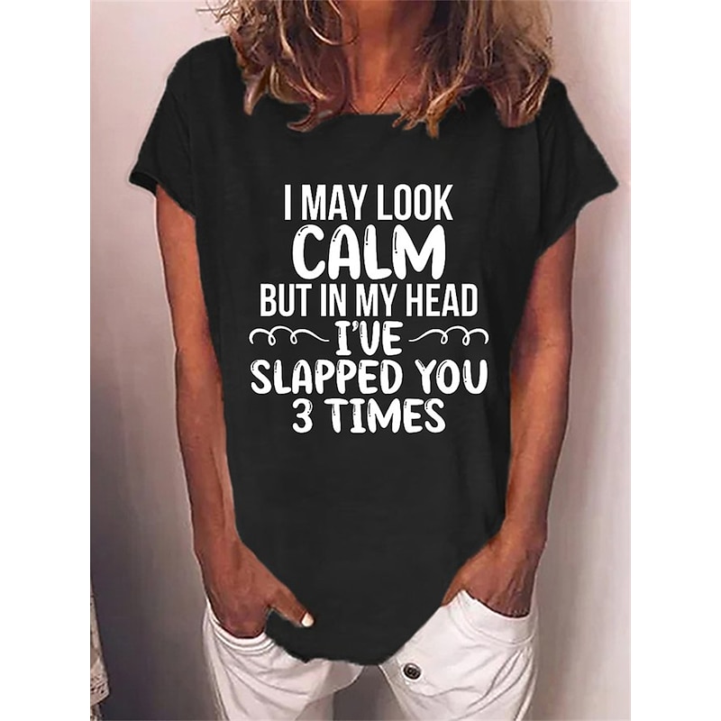 Women's T Shirt Letter Text Behavior Basic Neon & Bright Short Sleeve Round Neck Regular Tops Daily Weekend Print Black Red Blue Green Gray Spring, Fall, Winter, Summer2