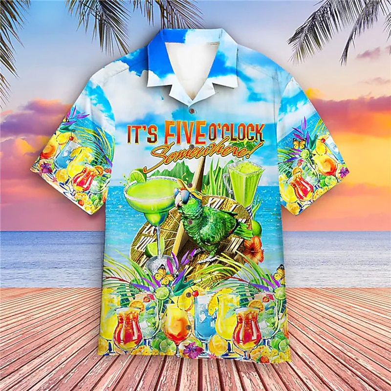 Men's Letter Parrot Beach Shirt Summer Hawaiian Shirt Aloha Shirt Short Sleeve Shirt Turndown Tropical Fashion Hawaiian Casual Hawaiian Holiday White Blue Sky Blue S M L3