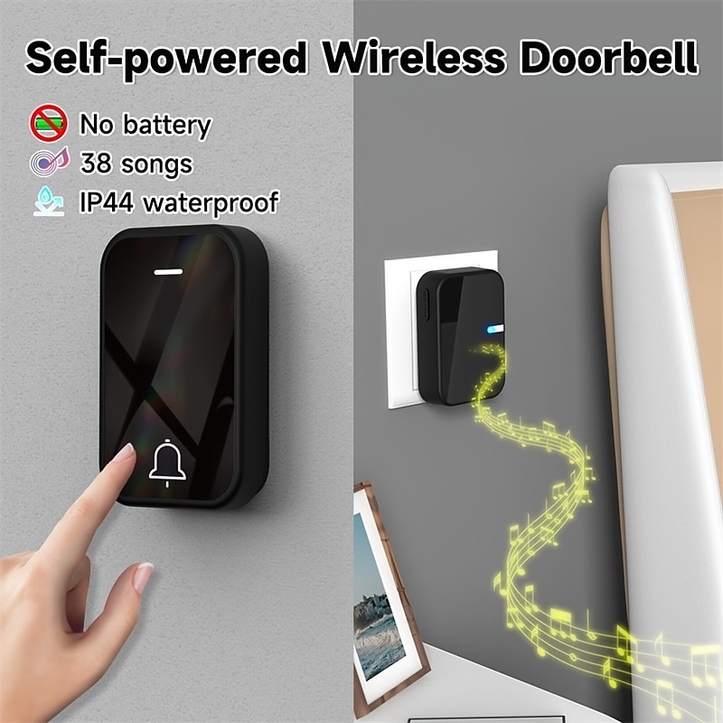 New Self Powered Wireless Doorbell No Battery Door Bell Waterproof 38 Ringtone Push Button Receive Call Bell Wireless Remote Control Outdoor Electronic Doorbell Pager Ring Home Chime4