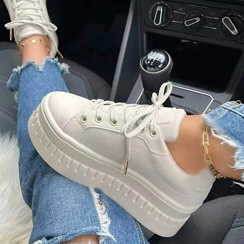 Women's White Platform Lace-Up Sneakers with Chunky Sole - Trendy Casual Shoes for Streetwear and Everyday Style4