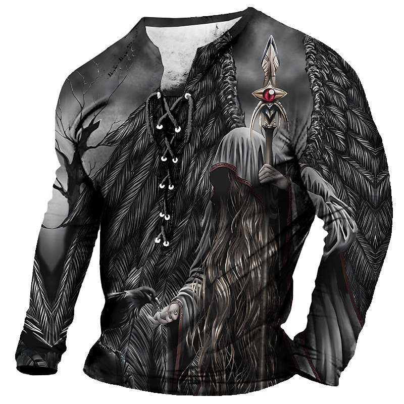 Men's T Shirt Graphic Skulls Collar Clothing Apparel 3D Print Daily Going out Long Sleeve Lace up Print Polyester Fashion Designer Comfortable