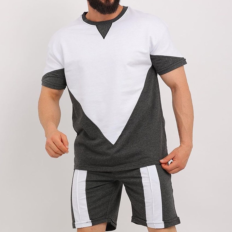 Men's Shorts and T Shirt Set Short Sleeves Crew Neck Summer Color Block Stylish Modern Contemporary Comfortable 2 Piece Vacation Casual Daily Black White Red Top Tee for Men3