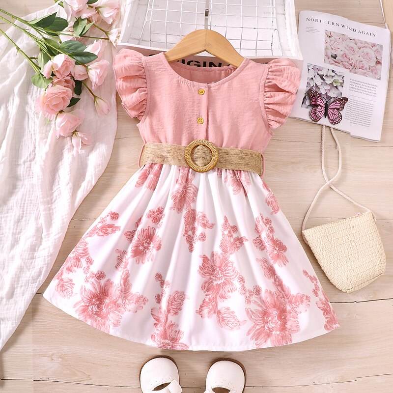 Kids Girls' Dress Floral Short Sleeve Casual Fashion Daily Cotton Above Knee Casual Dress A Line Dress Summer Spring 1-6 Years Red3