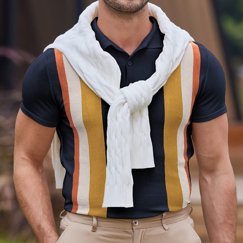 Men's Golf Shirt Knit Polo Casual Daily Lapel Short Sleeve Vintage Stylish Striped Button Summer Black Brown Apricot Golf Shirt4