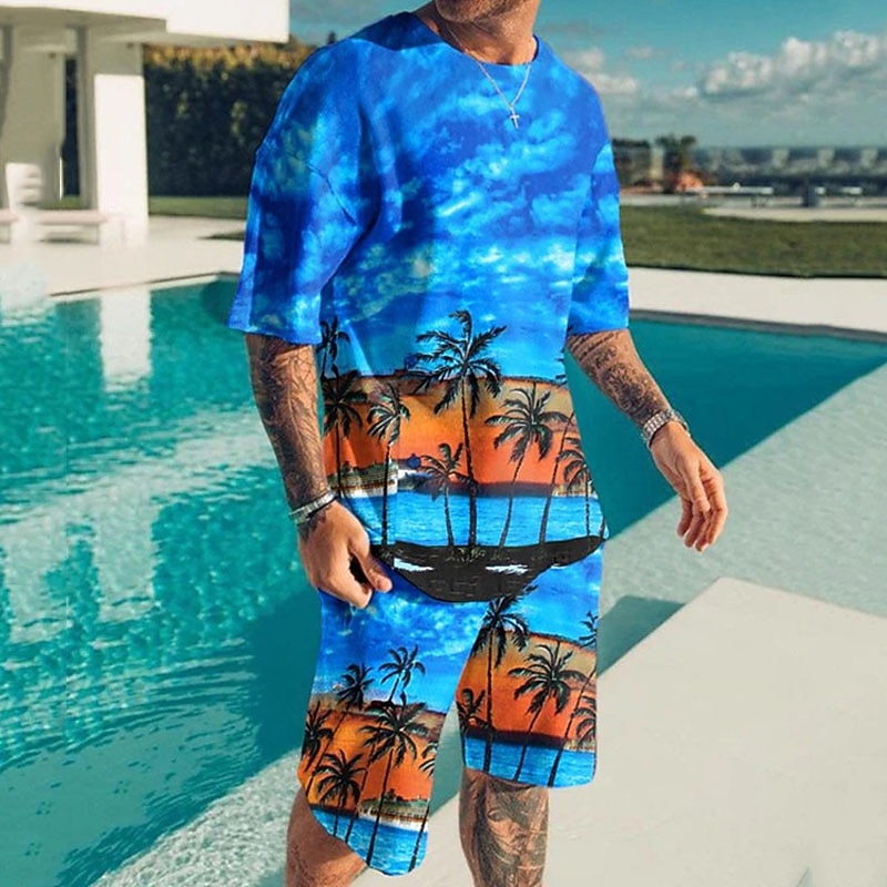 Men's Graphic Coconut Tree Beach 2pcs Tees sets Matching Sets Short Sleeve Short Pants Crew Neck Hawaiian Designer Casual Outdoor Vacation Daily 3D Print Spring & Summer White Blue Dark Green