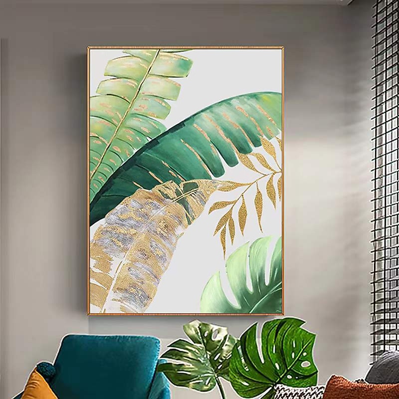 Handmade Oil Painting Canvas Wall Art Decoration Modern Abstract Plant Flower Green and Gold Banana Leaf for Home Decor Rolled Frameless Unstretched Painting3