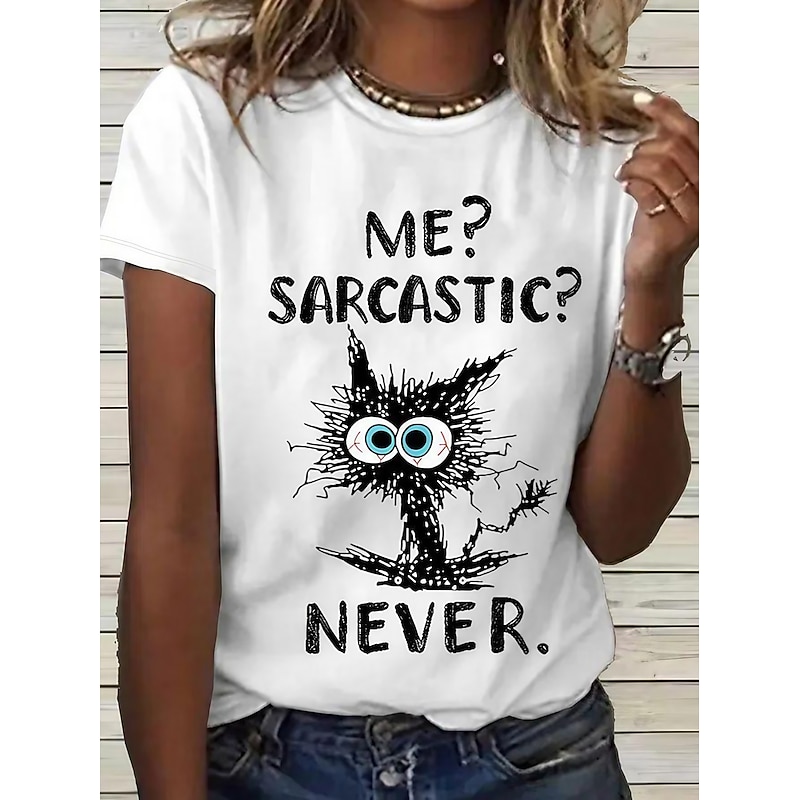 Women's T Shirt Basic Funny Cat Letter Print Short Sleeve Regular Tops Round Neck Daily Weekend White Pink Blue