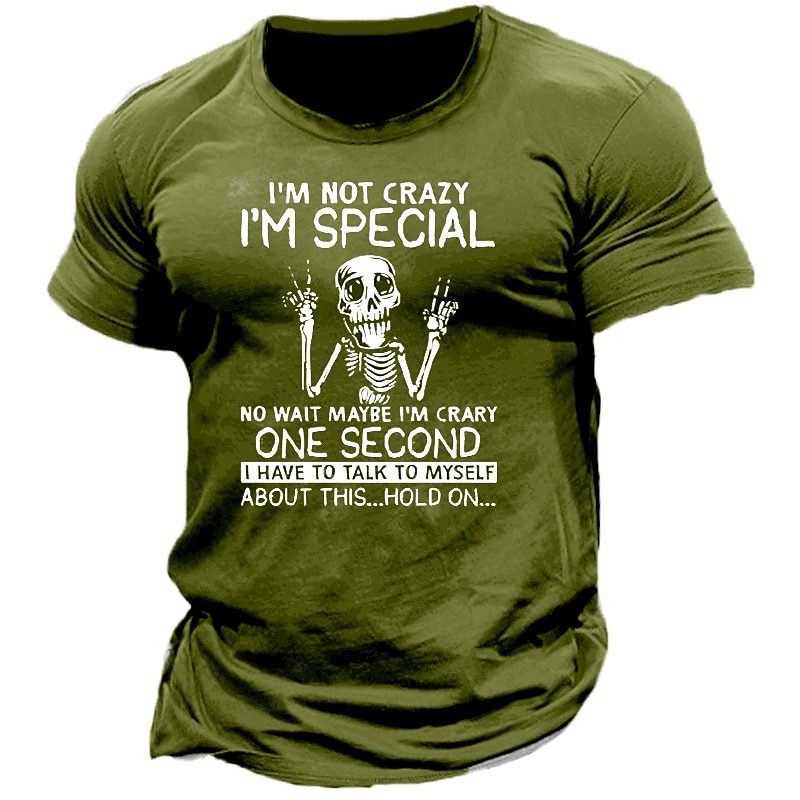 Men's Short Sleeve Graphic T-Shirt with Funny 'I'm Not Crazy I'm Special' Skeleton Print