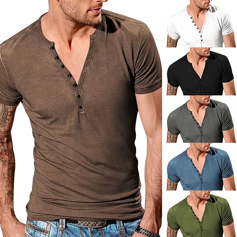 Men's Button T Shirt T Shirt Henley Shirt Tee Top Short Sleeves Henley Summer Plain Basic Comfortable Buttons Vacation Street Going out Black White Blue Top Tee for Men