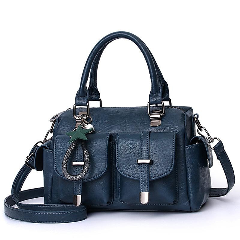 Women's Blue Faux Leather Handbag – Stylish Large Capacity Shoulder Bag with Pockets for Work & Travel