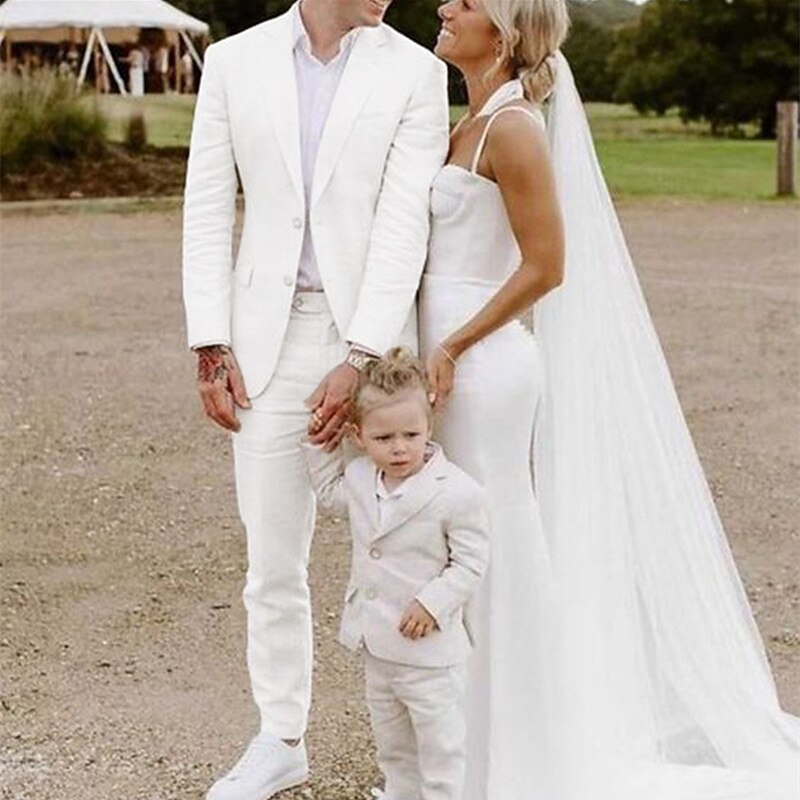 Men's Beach Wedding Suits Notch White Solid Colored Tailored Fit 2 Piece Single Breasted Two-buttons