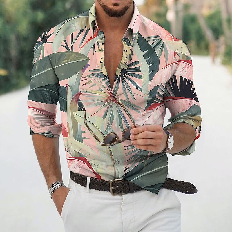 Men's Leaves Tropical Plants Shirt Summer Hawaiian Shirt Aloha Shirt Long Sleeve Shirt Turndown Fashion Designer Casual Vacation Daily Holiday Light Green Pink Dark Green 3D Print S M L2