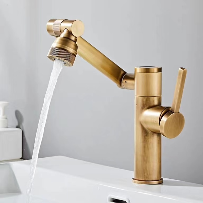 Foldable Bathroom Sink Mixer Faucet LED Displayer, Vintage 360 Swivel Spout Rotatable Wash Basin Tap, Brass Retro Single Handle One Hole with Cold and Hot Water Hose4