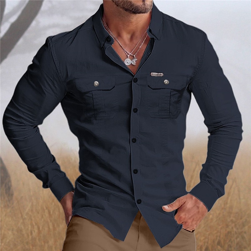 Men's Shirt Workwear Shirts Casual Shirt Work Shirt Button Up Shirt Cargo Shirt White Navy Blue Green khaki Long Sleeve Graphic Prints Turndown Vacation Street Print Clothing Apparel Cotton Cotton3