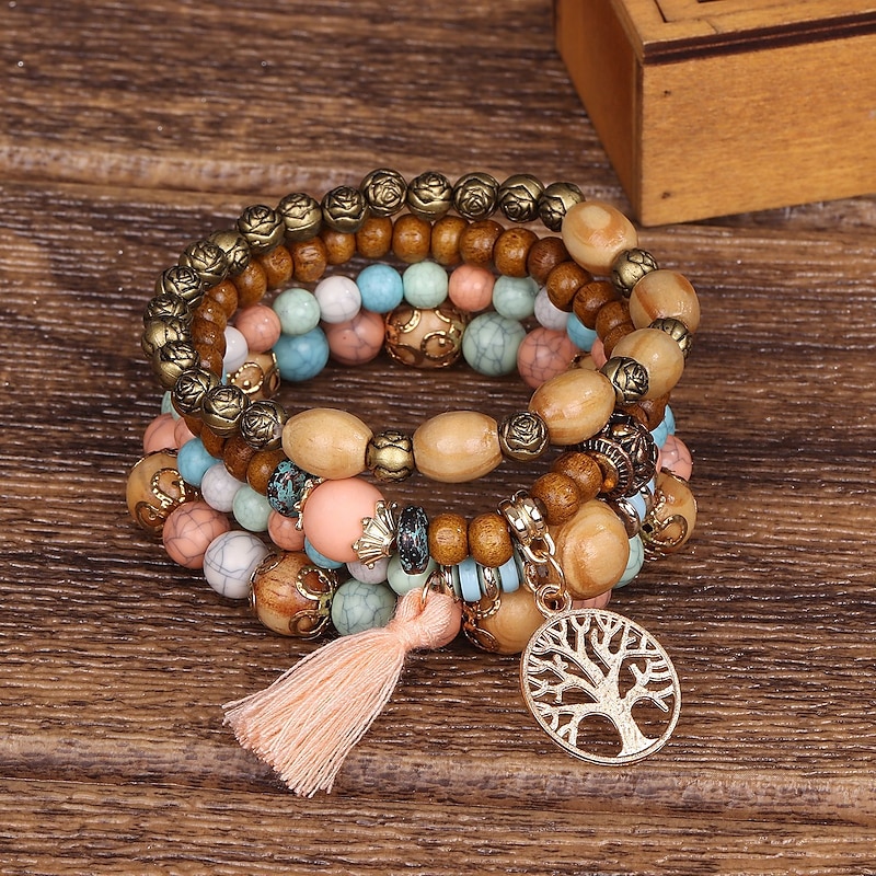 Women's Bead Bracelet Vintage Bracelet Layered Fashion Tree of Life Flower Elegant Fashion Personalized Tassel Bohemian Alloy Bracelet Jewelry Black / White / Pink For Gift Holiday Date Beach Festival2