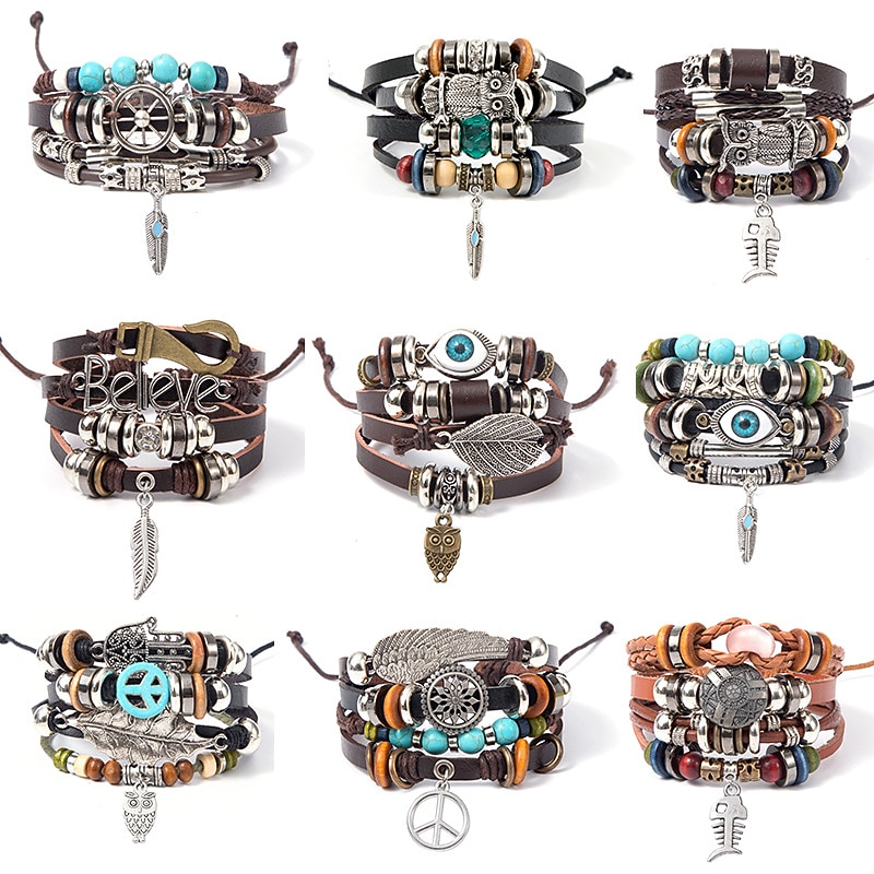 Turquoise Men's Woven Leather Wood Bead Bracelet Multilayer Pendant Beaded Women's Bracelet DIY Couple Style